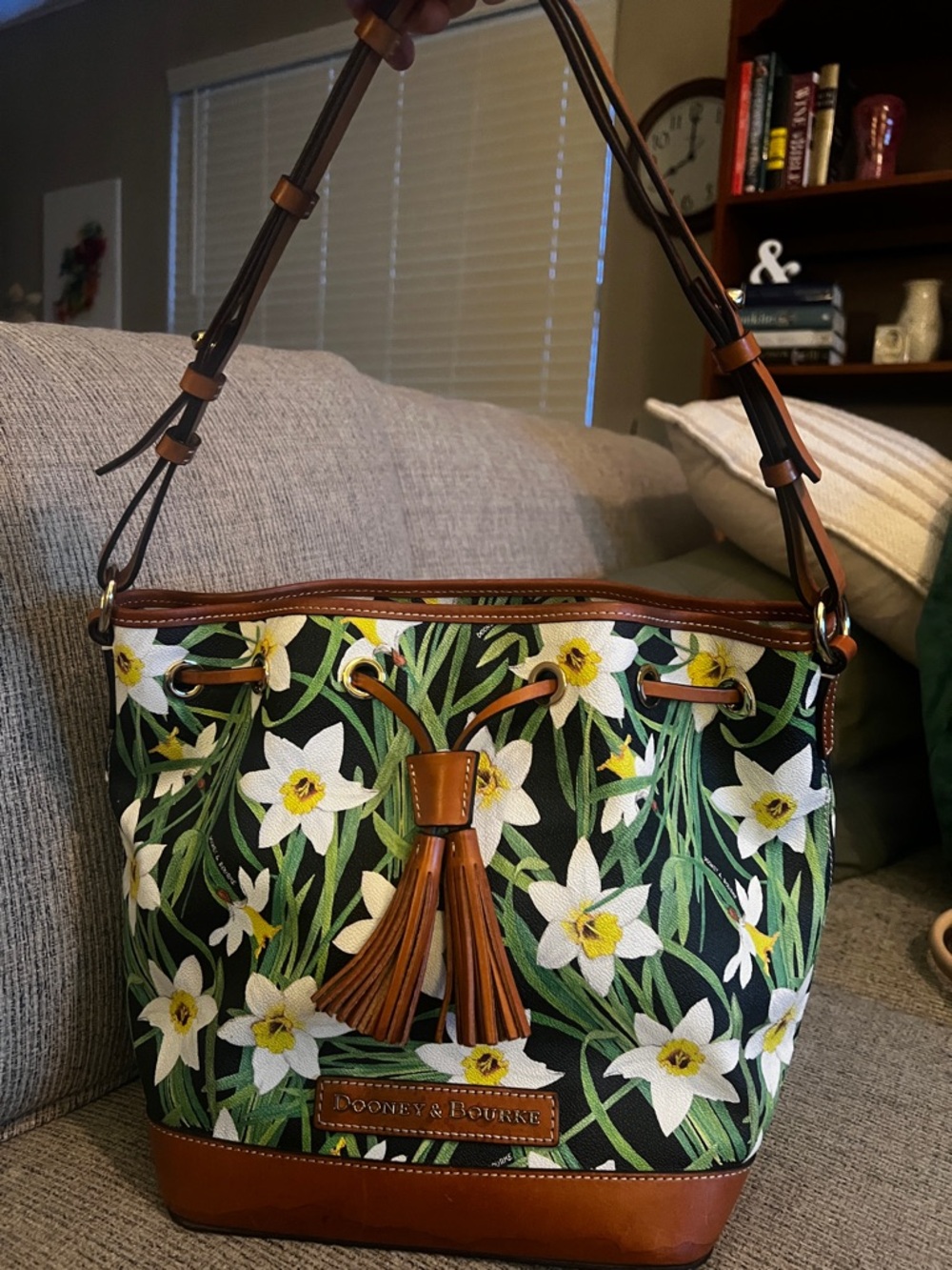 Dooney & Bourke Green Floral Canvas Bucket Bag with Brown Leather Trim